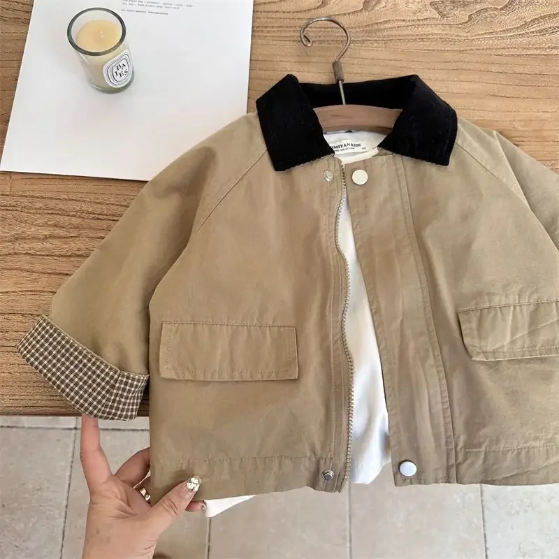 2023 Spring Loods Cotton Simple Clean Fashion Casual Comfortable Kid Unisex Outerwear Turn-down Collar Zipper Full Sleeve