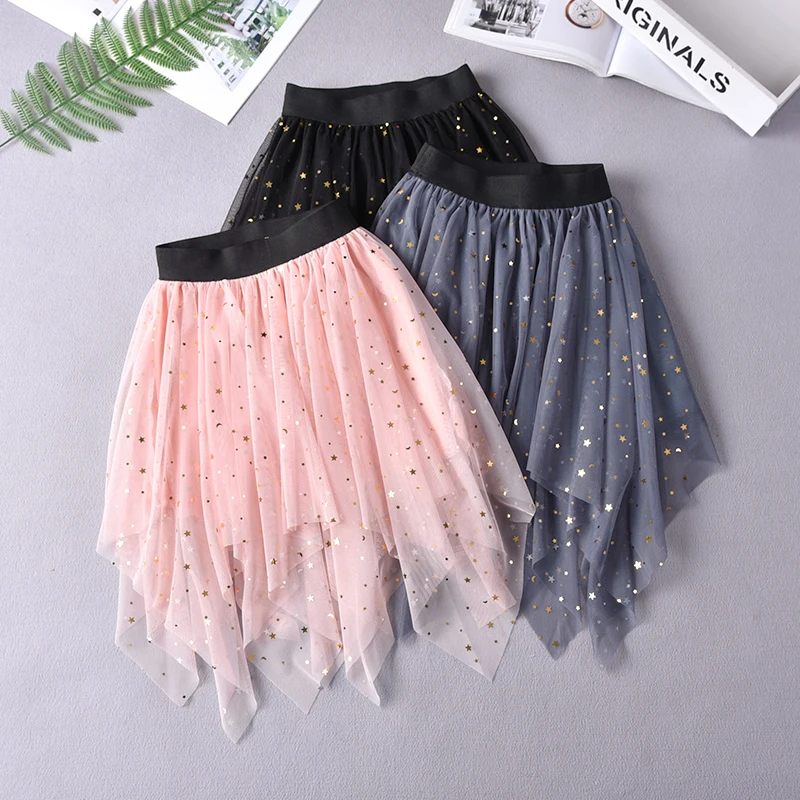 Girls Irregular Veil Latin Skirt Sequin Stars Latin Dance Clothes Flamengo Dress Kids Summer Wear