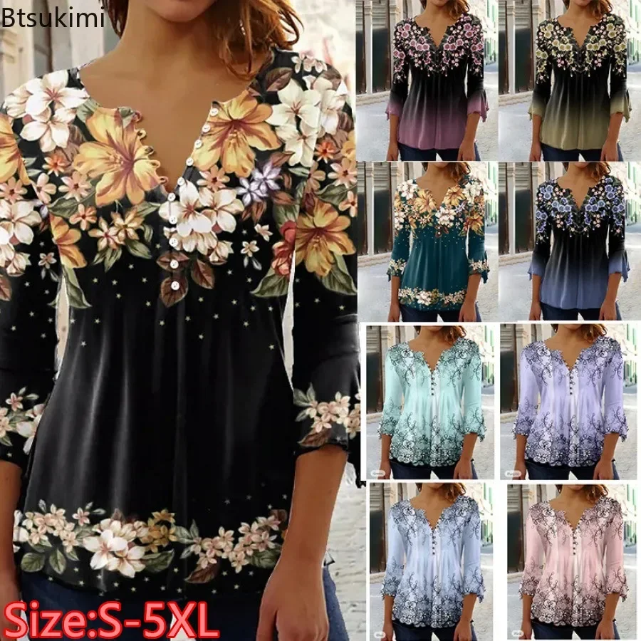 

2024 Women's Chic Flower Print Half Placket V-neck Blouse 3/4 Sleeves Loose Hem Elegant Pullover Tops Ladies T-shirts Streetwear