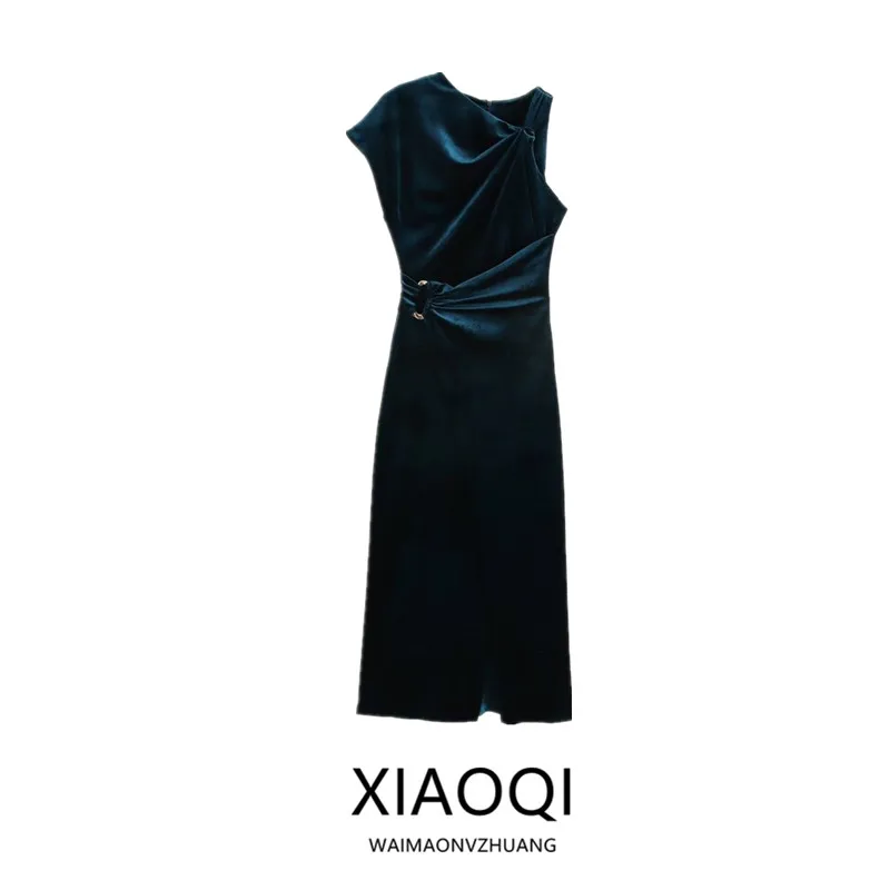 

Вельветовое платье миди с круглым вырезом и асимметричным рукавом, женское, модное, элегантное, осенне-зимнее, новинка, приталенное