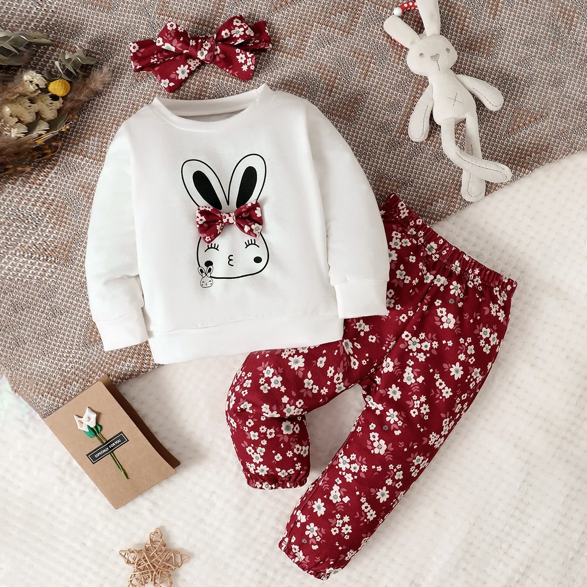 Spring And Autumn Baby Girl Rabbit Print Bow Front Pullover & Floral Print Pants & Headband