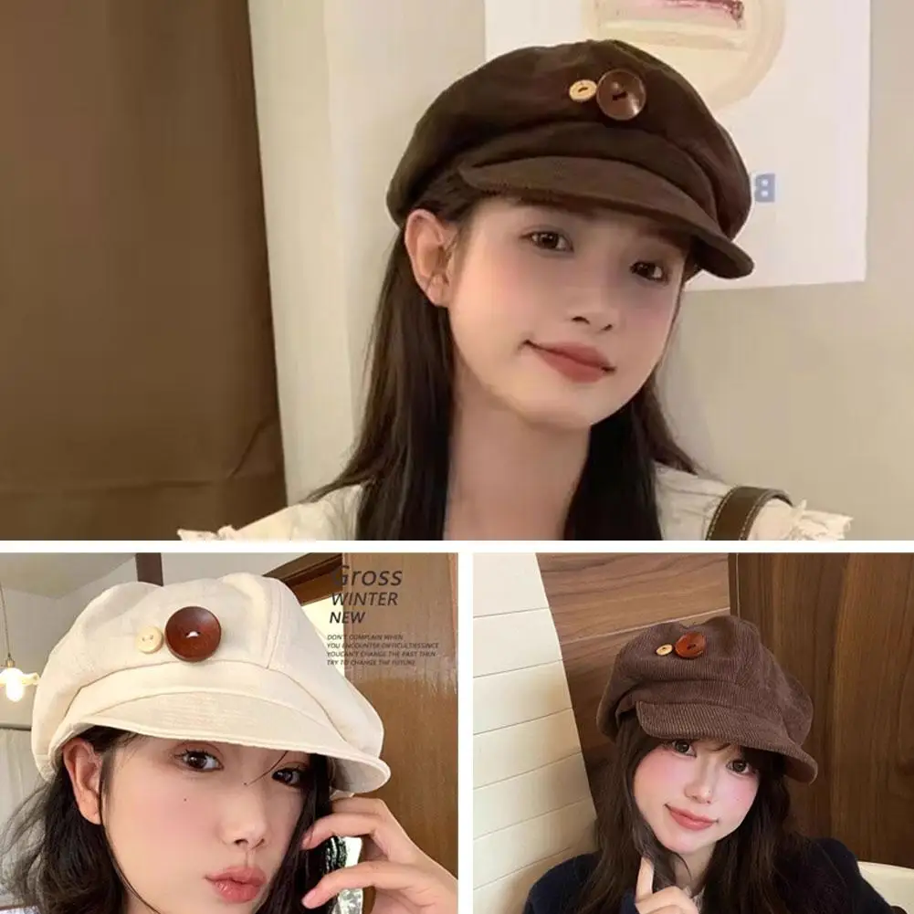 Retro Knopf Cord Achteckige Kappe Für Frauen Maler Künstler Hut Japanische Mädchen Braun Schirmmützen Herbst Winter Berets – Detail 5