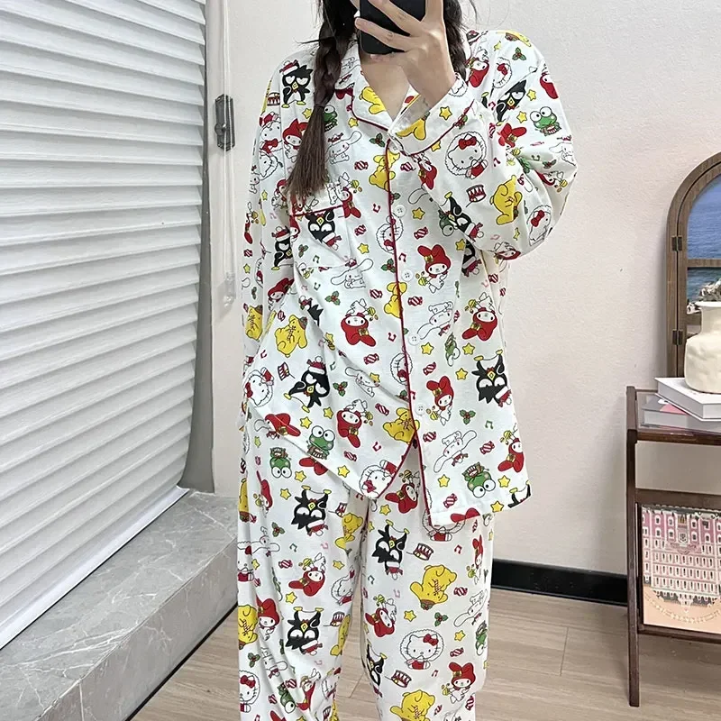 Sanrio Hello Kitty Silk Pajamas Women\'s Autumn Cotton Long Sleeve Casual Home Women\'s Pajamas Homewear Pajamas Pants Set