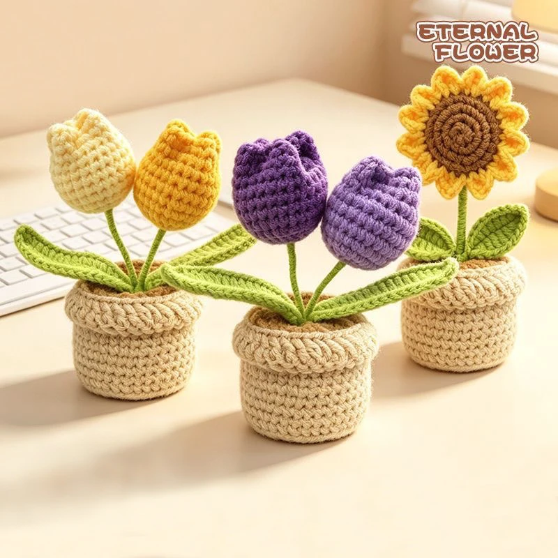 Handmade Crochet Yarn Purple Tulips Flowers, Yellow Sunflower Mini Crochet Flower Positive Gift Ornament