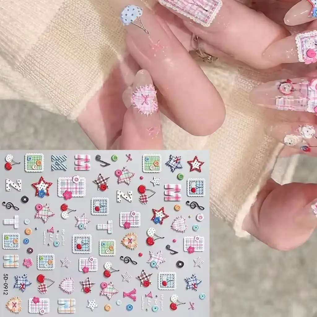5D Colorful Grid Star Cherry Nail Sticker Kawaii Heart Pentagram Letter Self-Adhesive Decals Macaron Button Manicure Sliders