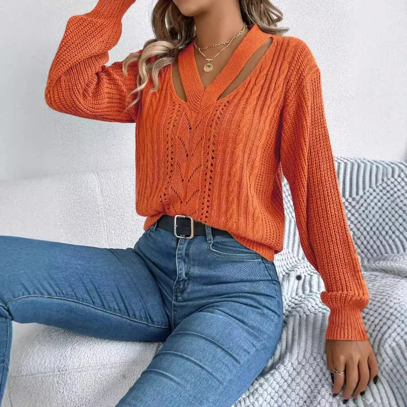 2025 Autumn and Winter Casual Hollow V-neck Twist Lantern Sleeve Pullover Sweater Women's Clothing
