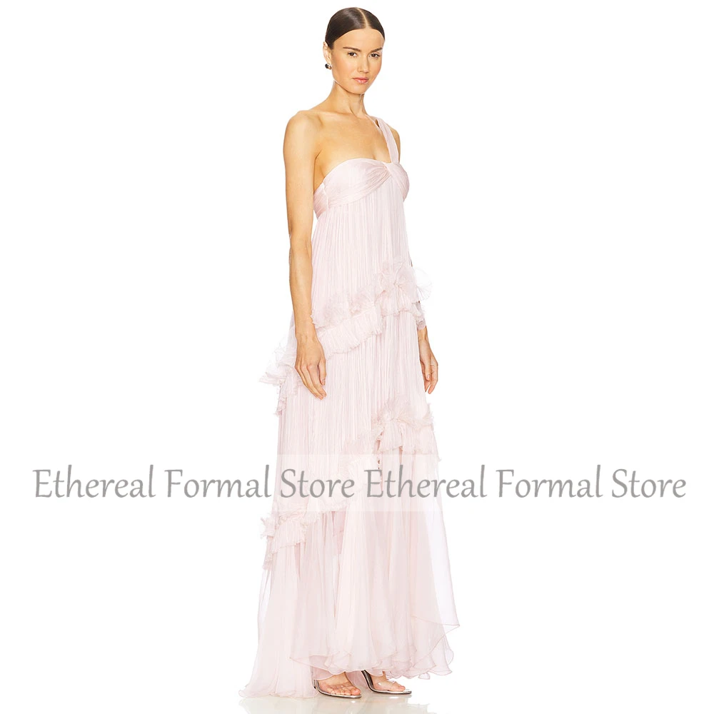 Elegant สีชมพูชีฟองชุดราตรีสําหรับงานแต่งงานสายอย่างเป็นทางการข้อเท้าความยาวชุดหนึ่งไหล่แขนกุดพรหมชุด