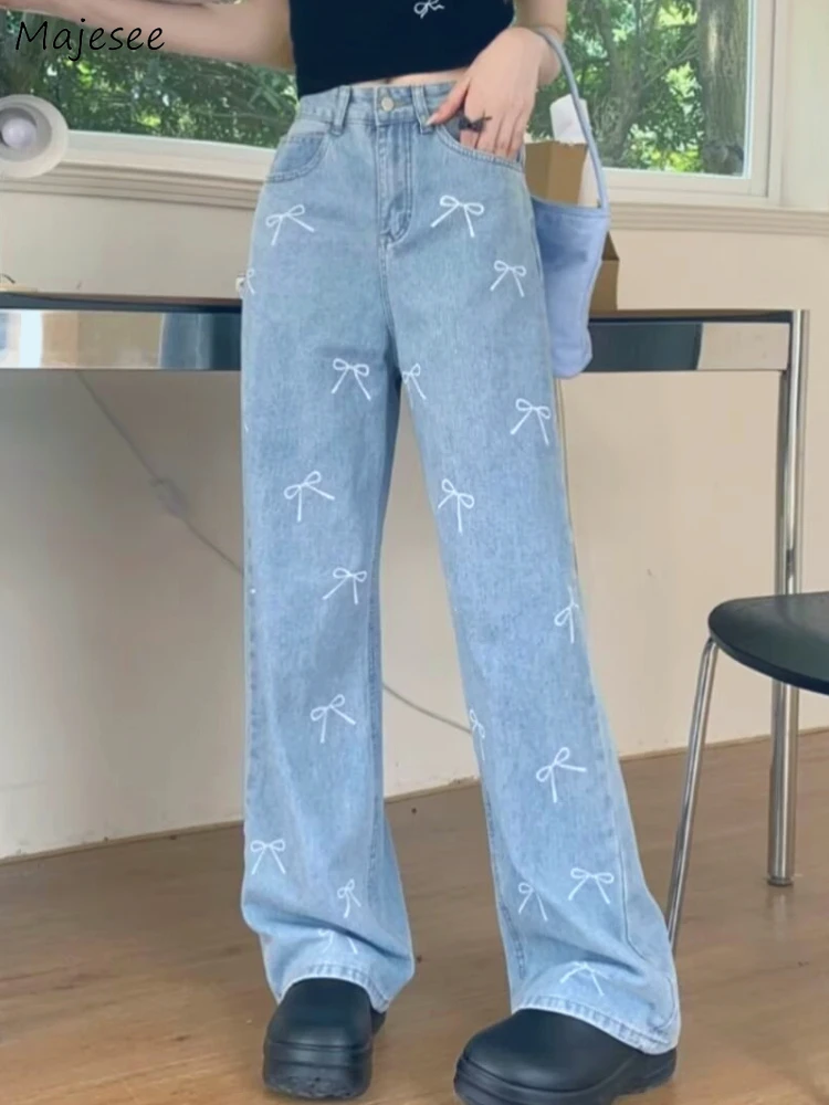 

Джинсы с принтом, женские прямые джинсы с бантом и высокой талией, свободный дизайн, американский стиль, летняя студенческая уличная одежда, милые каваи для девочек, новинка