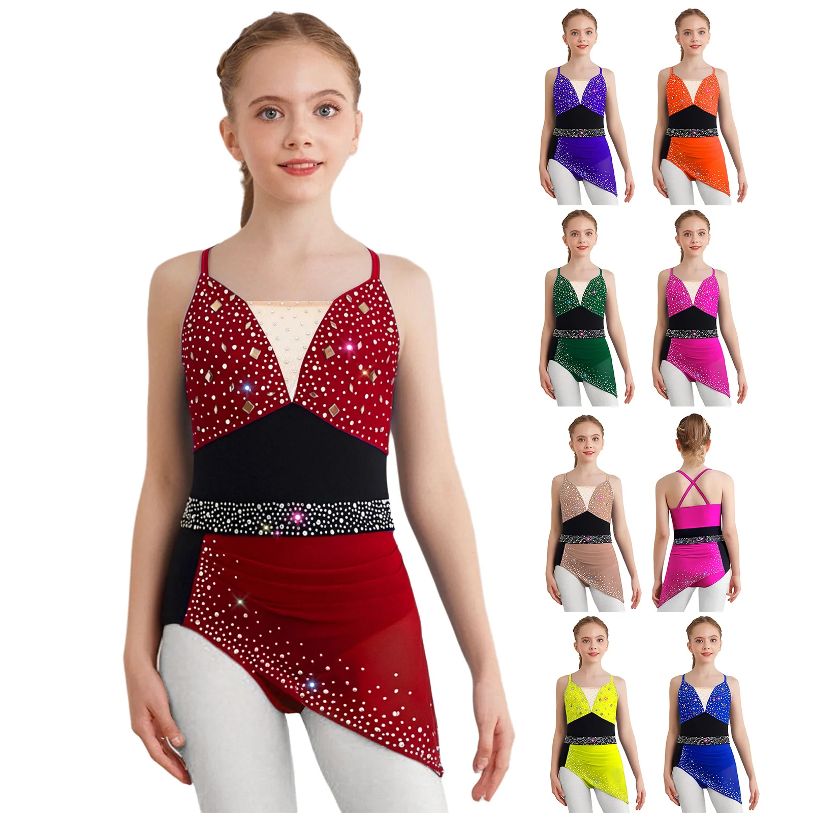6-16Y 女の子フィギュアスケート体操アクロバット叙情的なダンスラテン衣装ノースリーブ光沢のあるラインストーンメッシュレオタードドレス