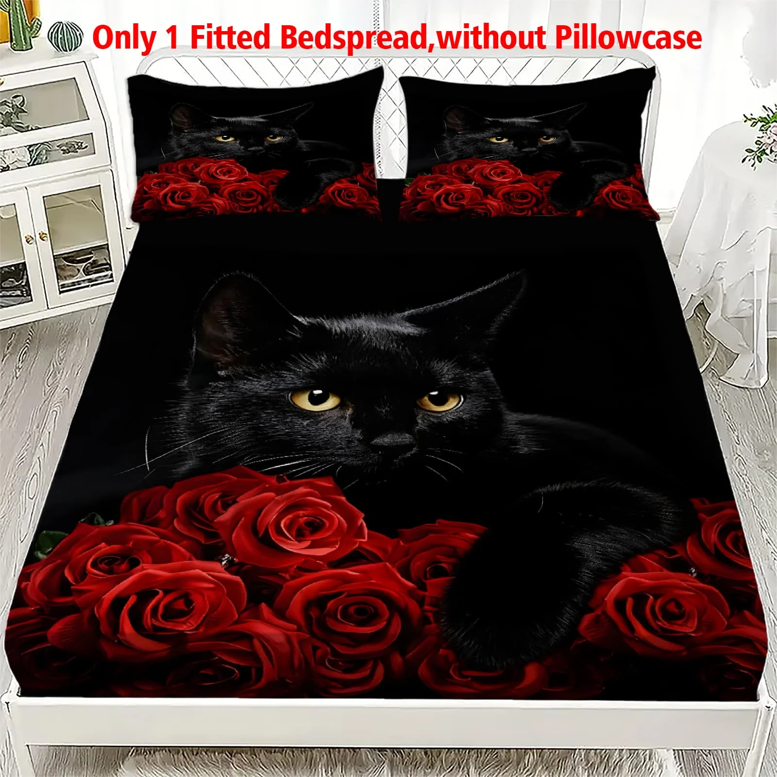 1pc Black Cat in Red Roses Print Fitted Sheet Deep Pocket Elastic Mattress Cover Single Double Queen King Bedroom Decor