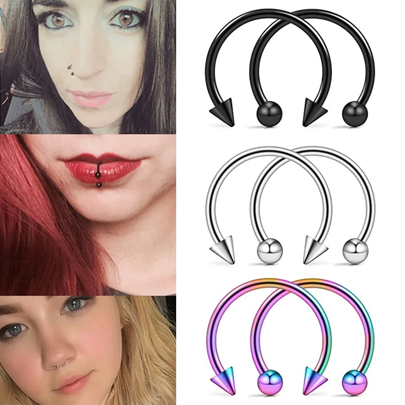 2Pcs Cone Spike Horseshoe Circular Septum Nose Ring Surgical Steel Nipple Hoops Nose Septum Eyebrow Ear Piercing Body Jewelry