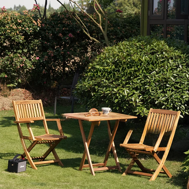 

Simple household balcony table and chair combination solid wood folding table simple teak outdoor courtyard leisure