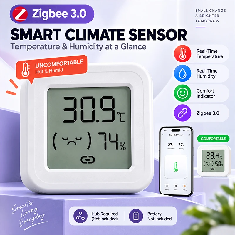Zigbee 3.0 Thermometer Hygrometer Sensor Battery Operated Comfort Face Prompt APP Remote Check Indoor Humidity Temperature Data