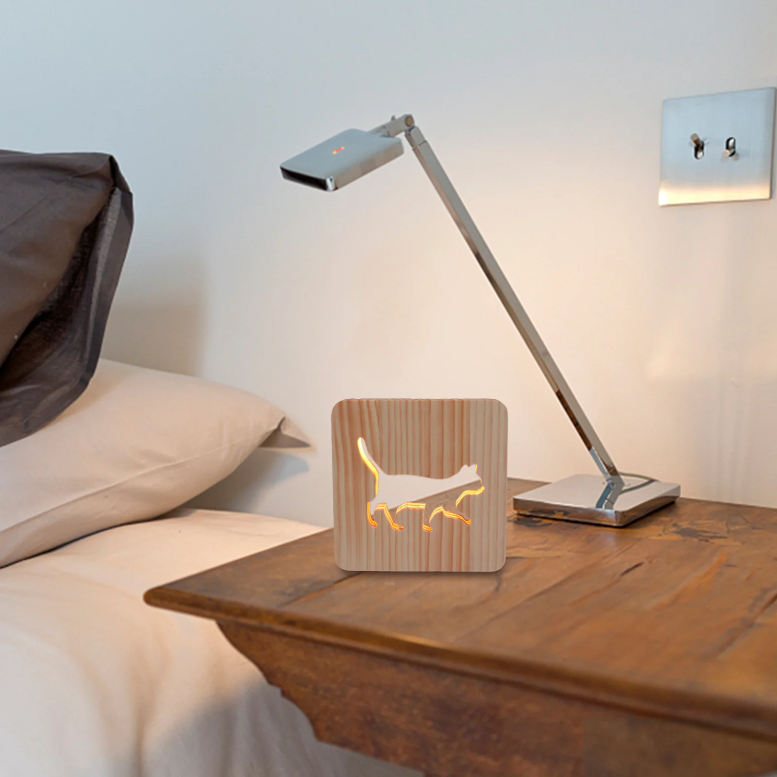 جوفاء هريرة ثلاثية الأبعاد ضوء الليل الخشبي الدافئة الأبيض LED غرفة نوم طاولة مكتبية مصباح صديقة للبيئة هدية أصدقاء الأسرة #5