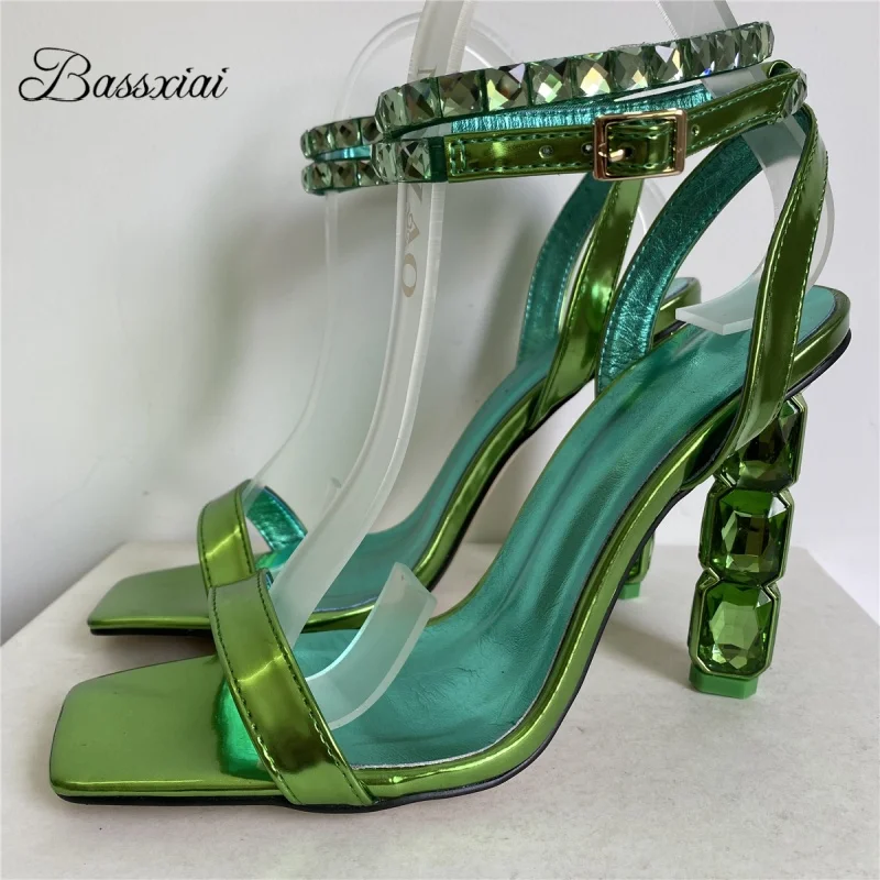 

Rhinestone Diamond Triangle High Heel Sandals Women Jeweled Crystal Ankle Strappy Multicolor Party Shoes Summer
