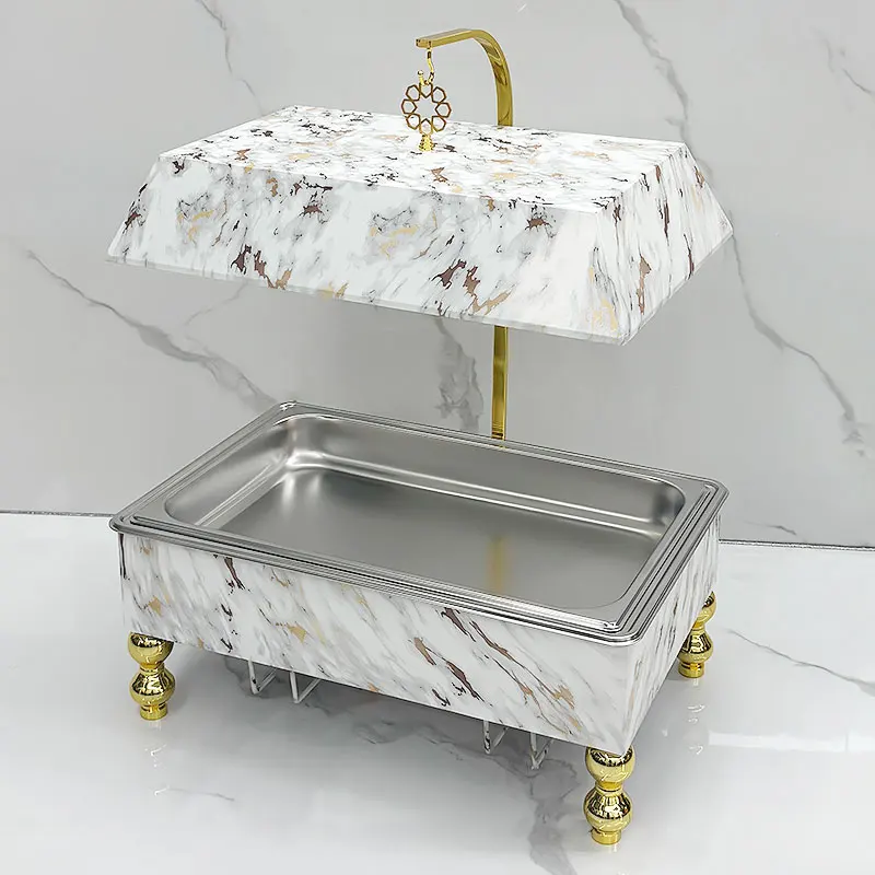 

Catering Equipment Buffet Food Warmer with Hanging Lid Rectangular Buffet Serving White Marble Pattern Chafing Dish
