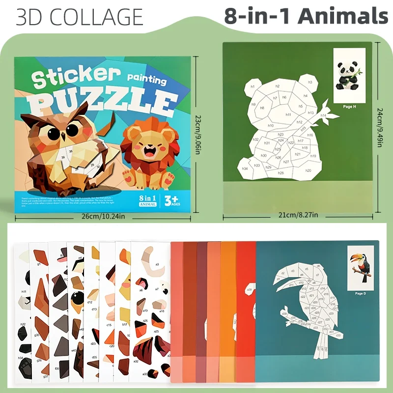 3D Cartoon Collage Art, DIY Handmade Sticker Art Set, Fun Cognitive Themes: Architecture, Ocean, Animals, Transportation Vehicles, Space, Dinosaurs, People, Fruit Collage Games, Fine Motor Concentration Training, Quiet Sticker Toys Suitable for Boys and Girls Aged 3 and Above