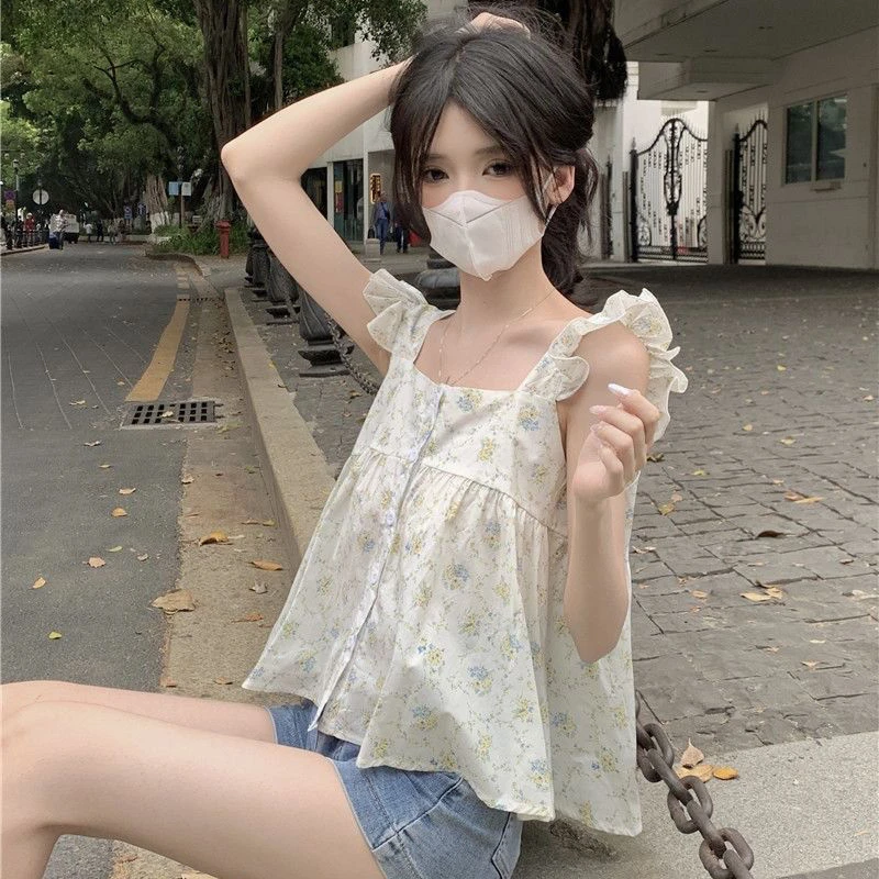 Flying Sleeve Floral Shirts Women Summer New Sweet Ruffles Temperament Loose Casual Korean Style Holiday Tender Chic Streetwear