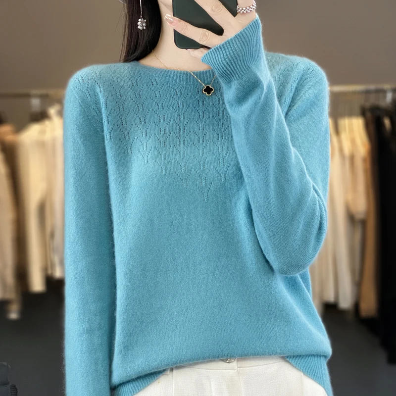 YSC2024  Women's Classic  Pure Wool Seamless Round Neck Hollow Pullover Long Sleeve High Quality Basic Knitted Sweater