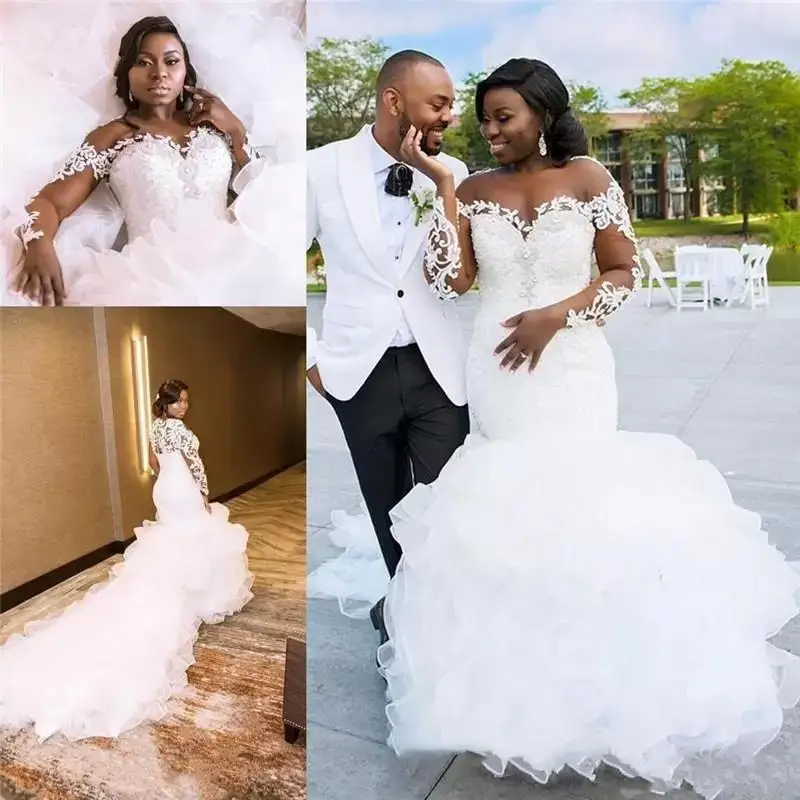 

African Sheer Long Sleeves Lace Mermaid Wedding Dresses Scoop Neck Tulle Applique Sweep Train Bridal Gowns Robes