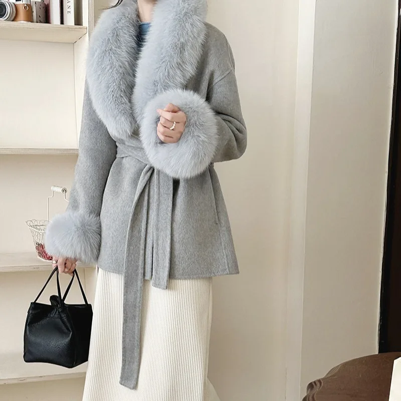 

Hot-selling fox fur collar high-end lace-up mid-length temperament double-sided wool coat for women autumn and winter new style