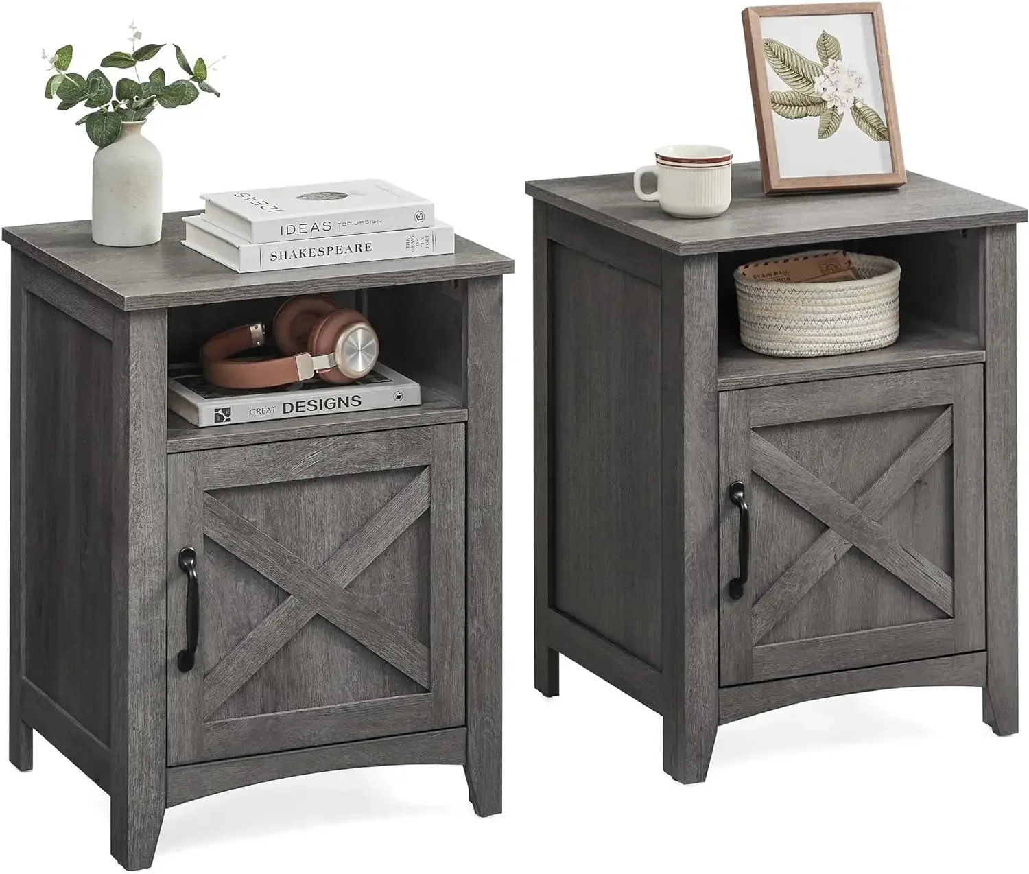 Farmhouse Nightstand with Barn Door Set of 2 Bedside Table with Storage Side End Table  Night Stand