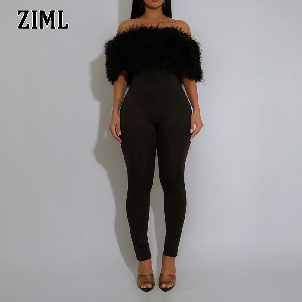 

ZIML однотонные комбинезоны для похудения с перьями для женщин, комбинезоны с открытыми плечами и рукавами с высокой талией, модный стиль