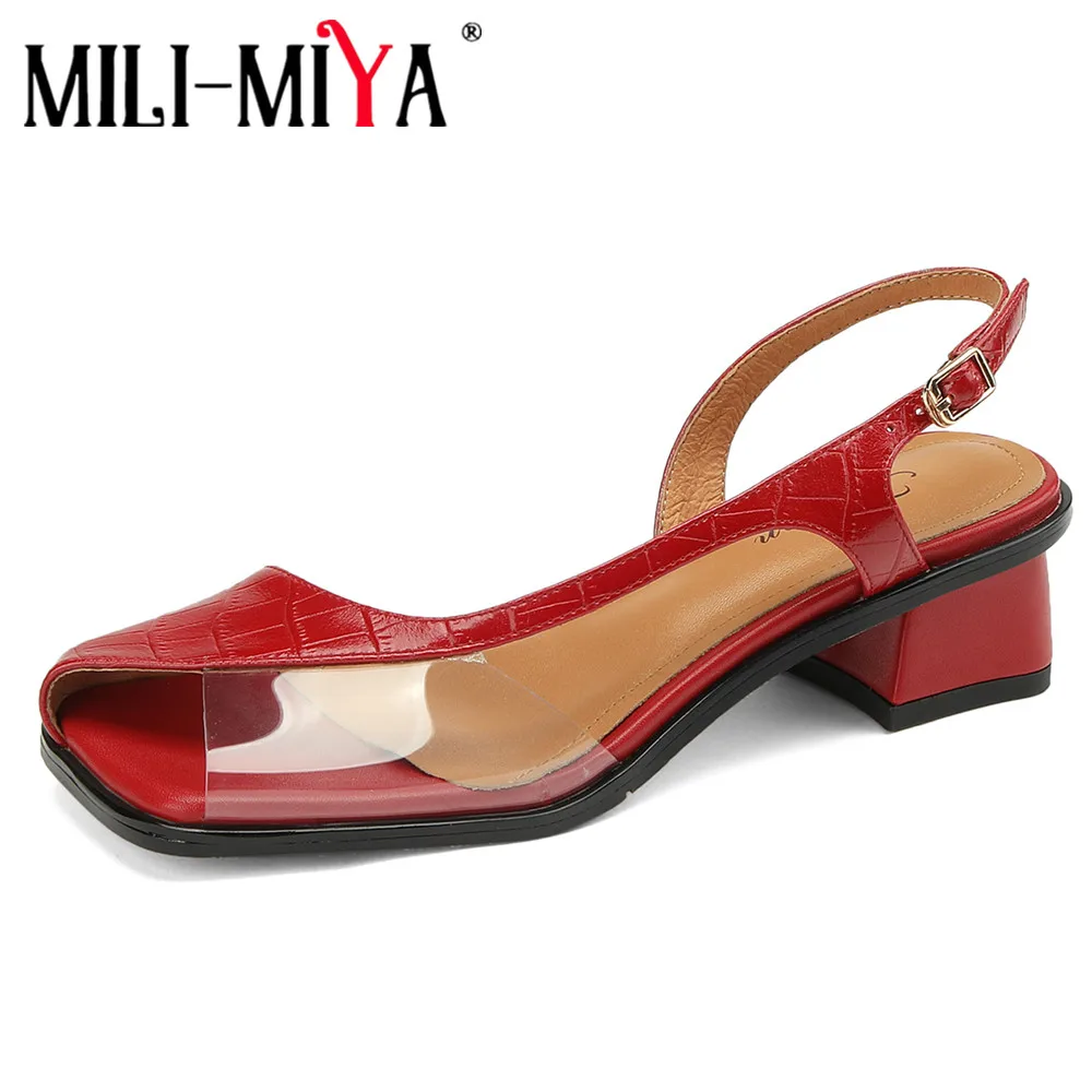 

MILI-MIYA New Arrival Women Cow Leather Sandals Square Peep Toe Slip On Mix Color Thick Heels Plus Size 34-40 Dress Party Shoes