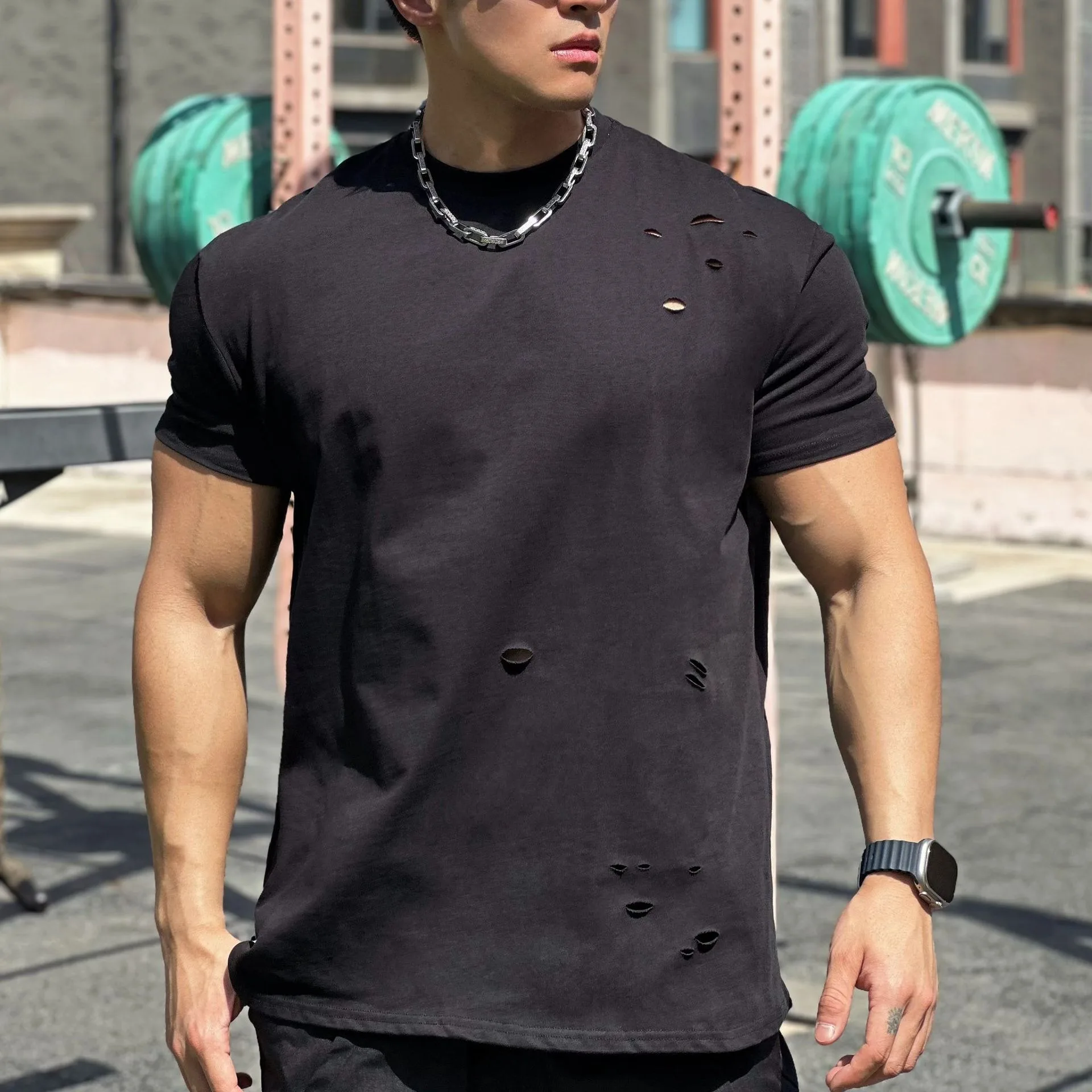 

Gym Black Muscle Sports Loose Fashion Hole Fitness Short Sleeve Men's Basketball Autumn Running Training Elastic Sports T-Shirt