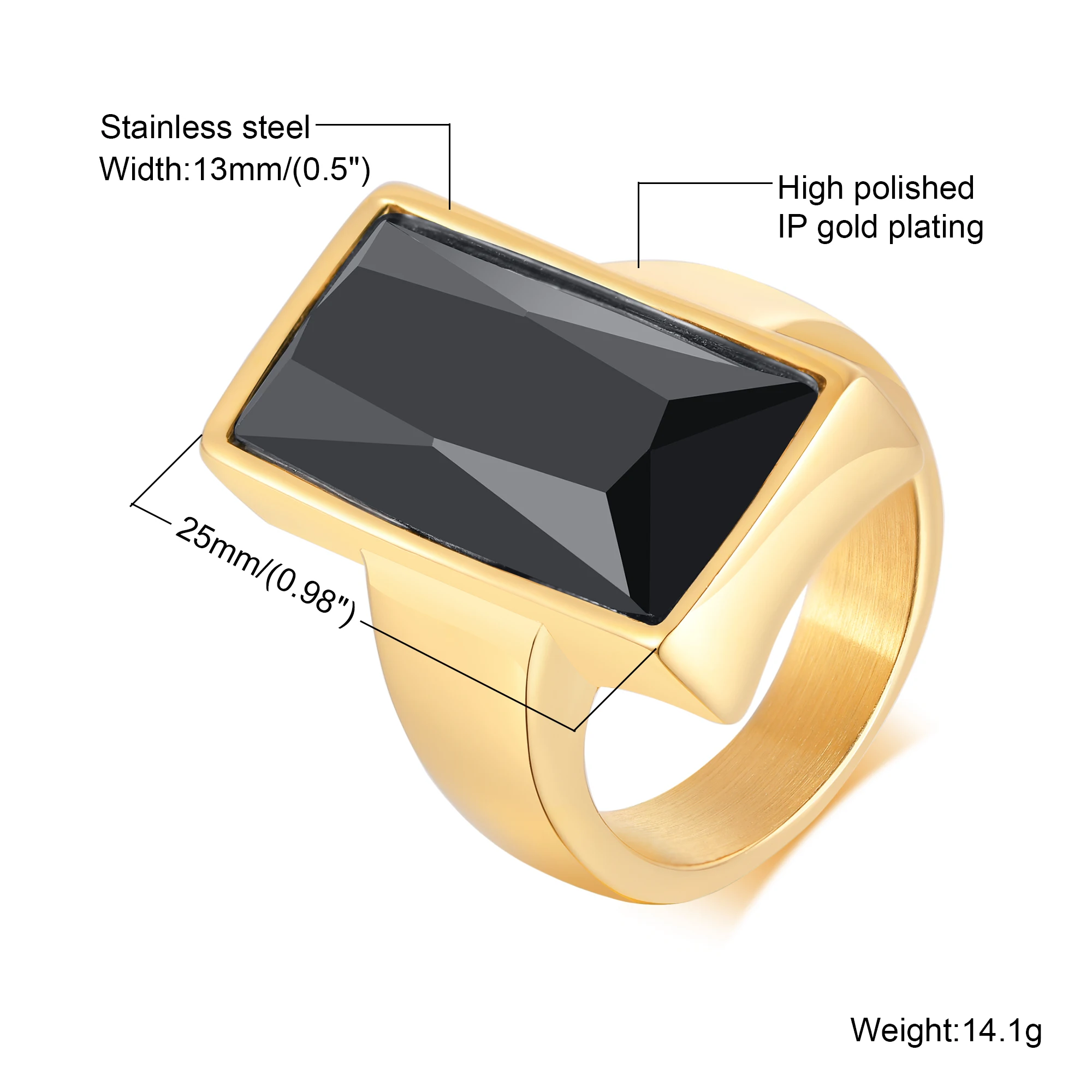 Punk vergulde ringen voor mannen, zwarte geometrische vierkante steen zegelring, mannelijke dikke duimring
