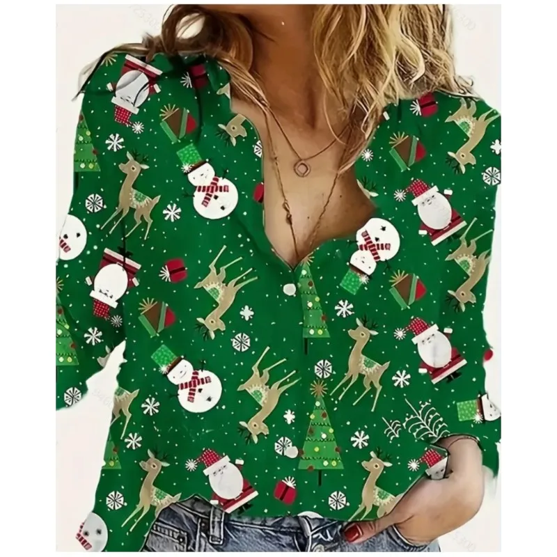 New Spring and Autumn Comfortable Christmas Printed Patterns Women\'s Long sleeved Shirt with Collar Button Up Shirt for Women
