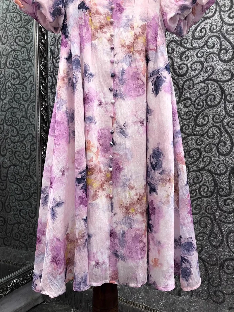 Newest Fashion Summer Dress 2024 High Quality Clothes Women V-Neck Purple Floral Print Tunic Button Short Sleeve Midi Boho Dress