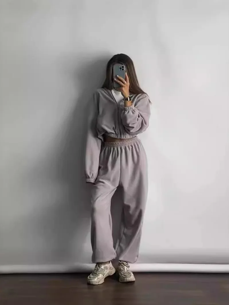 Setelan Olahraga Luar Ruangan Celana Kasual Berkerudung Setelan Panjang Celana Panjang Wanita Setelan Fashion Desain Sederhana Pakaian Aktif