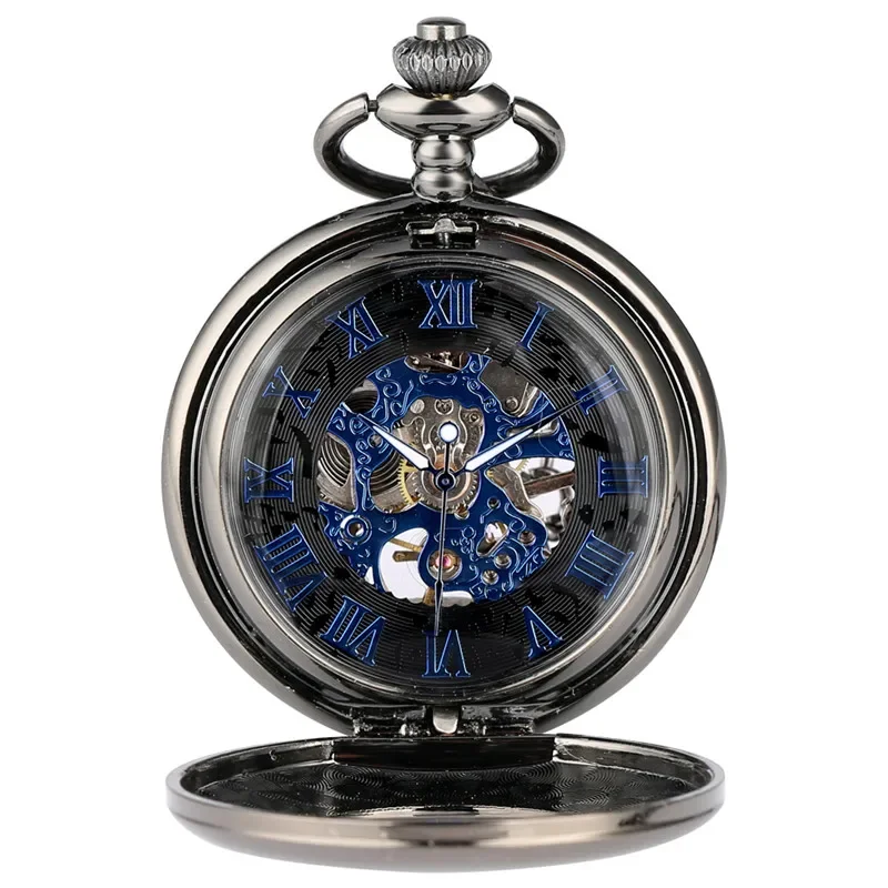 Antique Black Manual Mechanical Hand Wind Mechanical Pocket Watch Hollow-Out Case Roman Numeral Dial Pendant Chain Gift Reloj