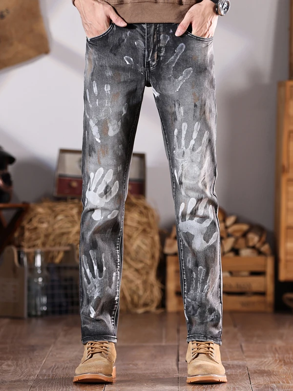

Мужские джинсы премиум-класса в стиле ретро с принтом «брызги чернил», зауженные, весенне-осенние, из эластичного хлопкового денима, износостойкие, в стиле граффити