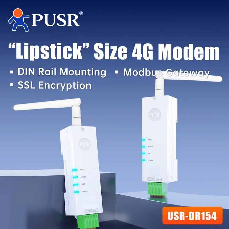 Modem 4G+SIM Ukuran Lipstik untuk Pemasangan di Rel DIN, Transmisi Transparan Modbus RTU ke TCP 1*RS485 MQTT SSL USR-DR154-E