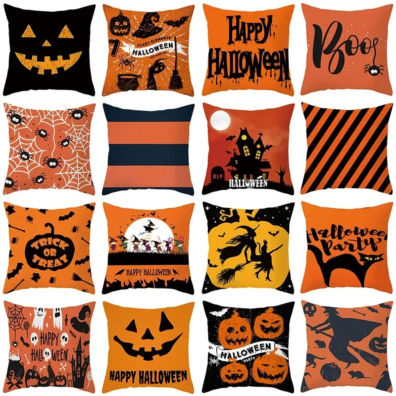 

Boo Trick or Treat Halloween Decor Pillow Cover 18x18 Inches Cushion Cover Ghost Witch Cobweb Printed Orange Pillowcase Ornament