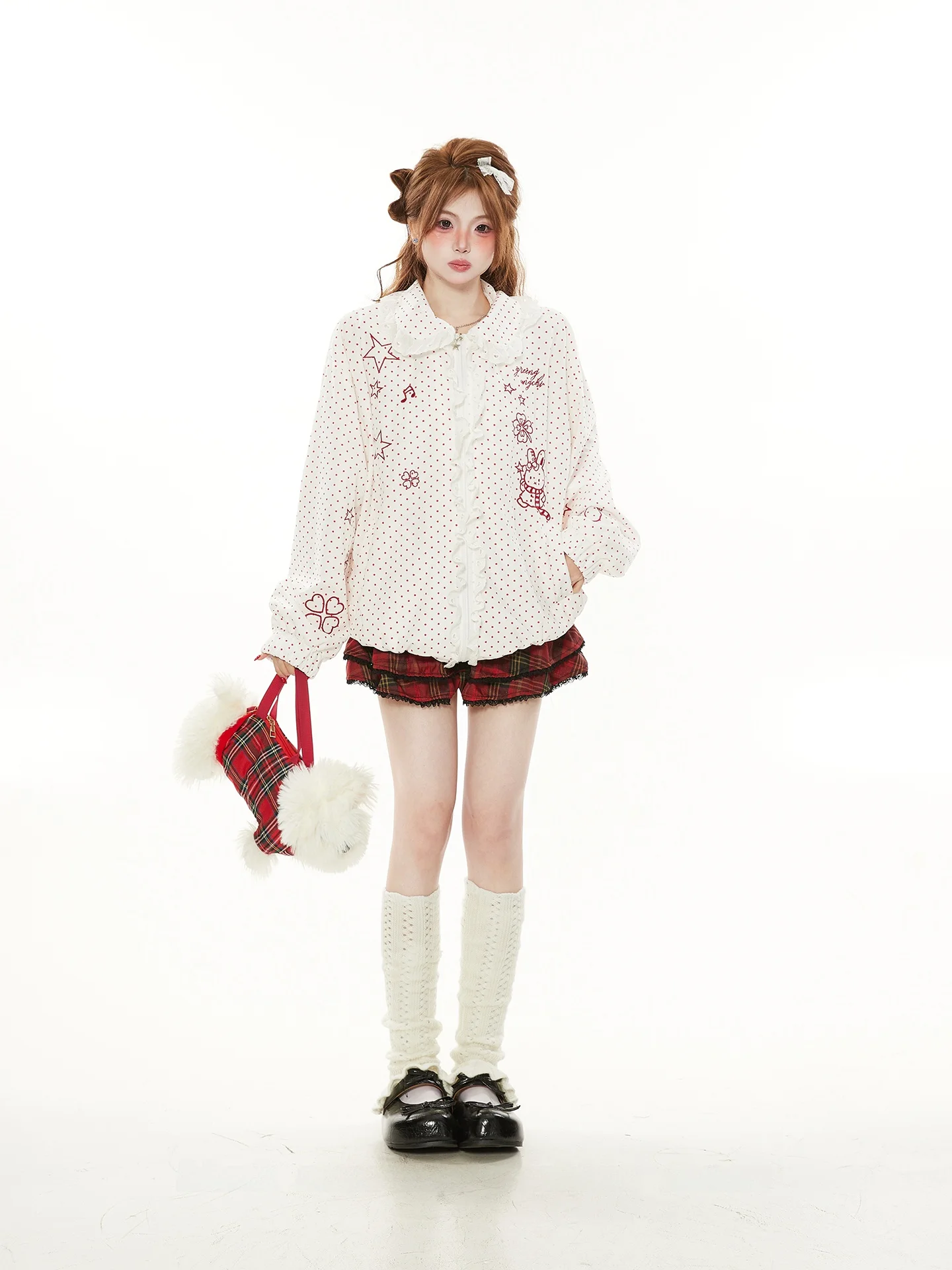 

Cute Cartoon Embroidered Lace Patchwork Doll Collar Jaet Women's Spring Autumn Corduroy Polka Dot Top Commute Sle Loose Fit