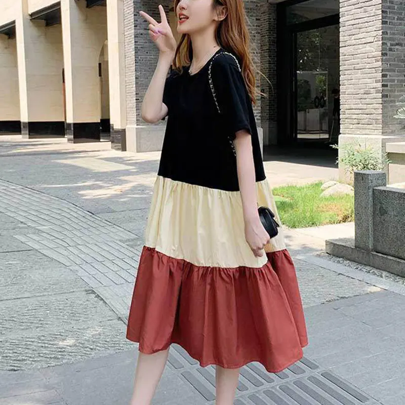 

Women's O-Neck Short Sleeve A-line Skirt, Loose Casual Dress, Elegant Clothes, Simplicity Patchwork, Office Lady, Summer Fashion