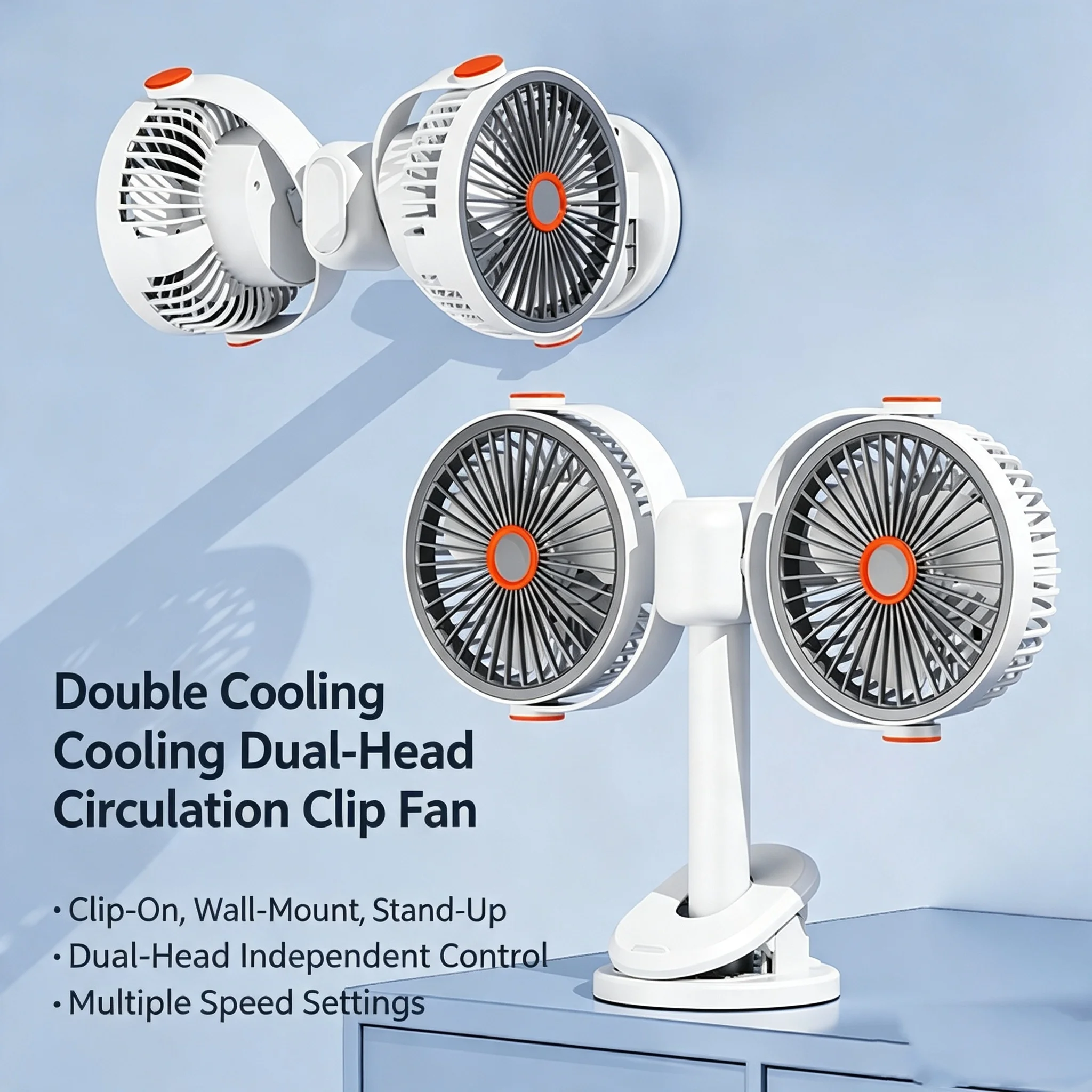 New Dual Head Fan Clip USB Charging Fan Student Dormitory Home Wall Mounted Fan Desktop