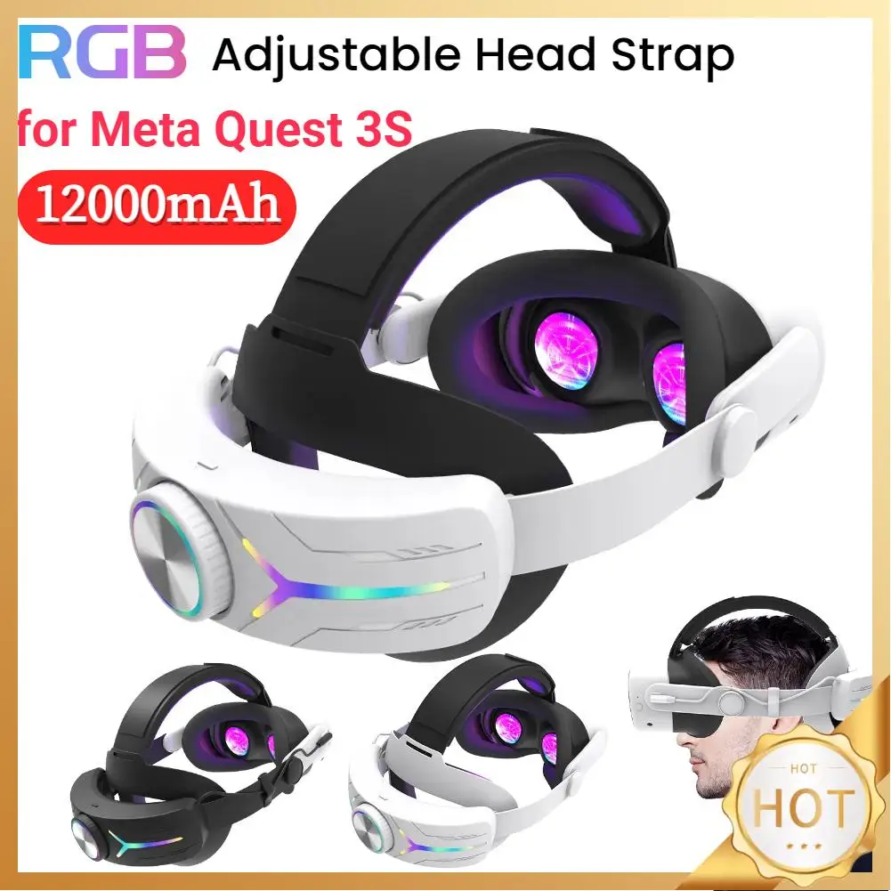 Adjustable RGB Head Strap with 12000mAh Battery Enhanced Support and Balance Head Strap Headband for Meta Quest 3S VR Headset