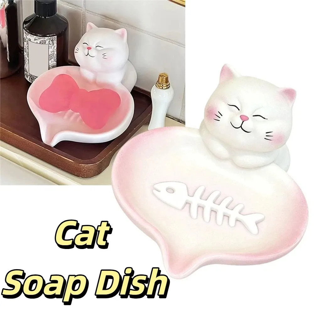 

Organizer Non-Slip Base Cat Soap Dish Pastel Pink White Cat-shaped Soap Holder Adorable Creative Design Soap Rack Washbasin