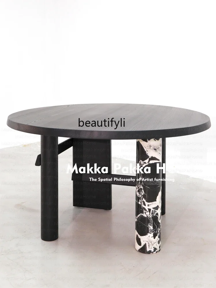 

B72 Italian style,minimalist round solid wood dining table, small apartment,high-end sense wabi-sabi retro marble round dining t