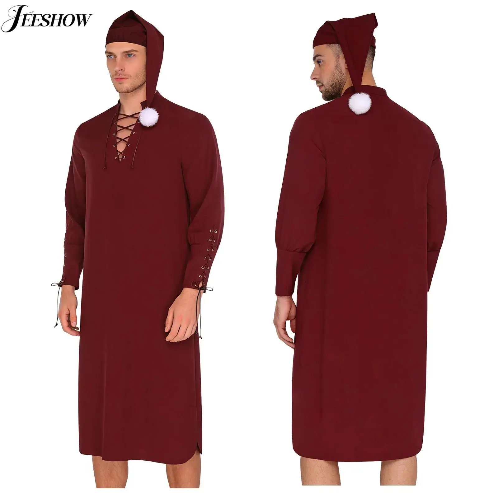 Camisones Renacentistas Victorianos para Hombre con Gorros para Dormir, Cuello y Puños con Cordones, Pijamas de Manga Larga, Bata, Ropa de Dormir