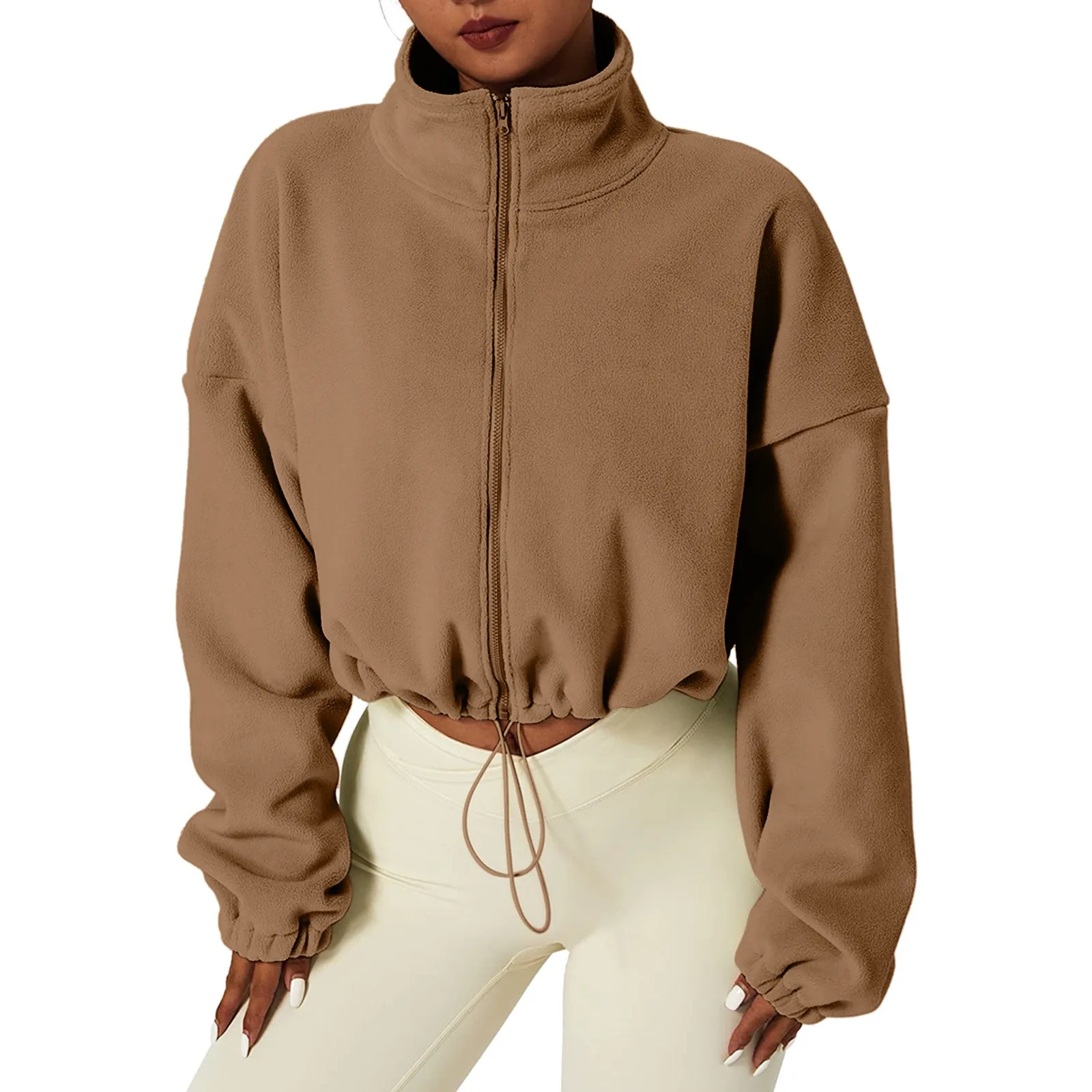 Women\'s Fleece Sweatshirt Oversized Zip Up Crop Jacket Winter Long Sleeve Stand Collar Workout Coat Anorak Jacket Harajuku Kpop