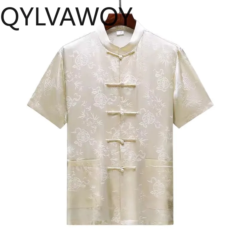 

QYLVAWOY Мужские рубашки из 100% шелка тутового шелкопряда с коротким рукавом, на пуговицах, тонкие, летние, в китайском стиле