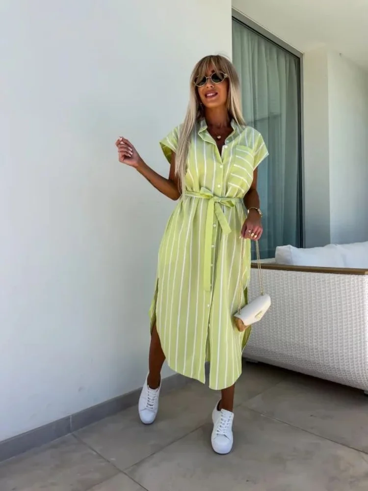 ชุดเดรสเสื้อเชิ้ตลายทางแขนสั้นสำหรับผู้หญิงเข็มขัดคาดเอวเหมาะสำหรับลำลองสุดชิคเสื้อผ้าสตรีทแวร์