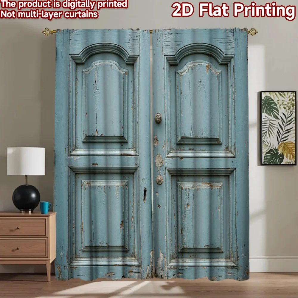 2D flat 2pcs Curtain Retro Country Style Weathered Blue Double Door Digitally printed polyester Festive Wall Decor Use for