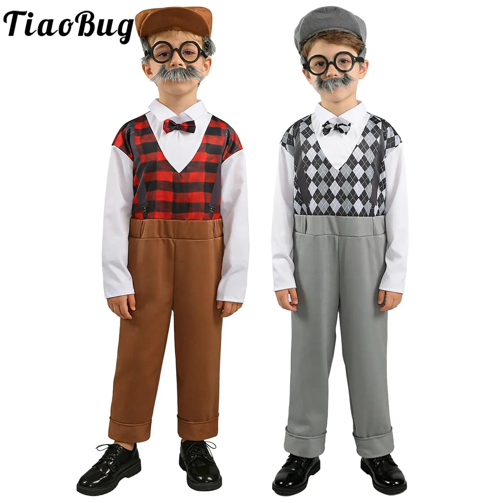 Old Man Costume for Kids Halloween School Boys Grandpa Cosplay Dress Up Long Sleeve Plaid Jumpsuit with Hat Glasses Fake Beard