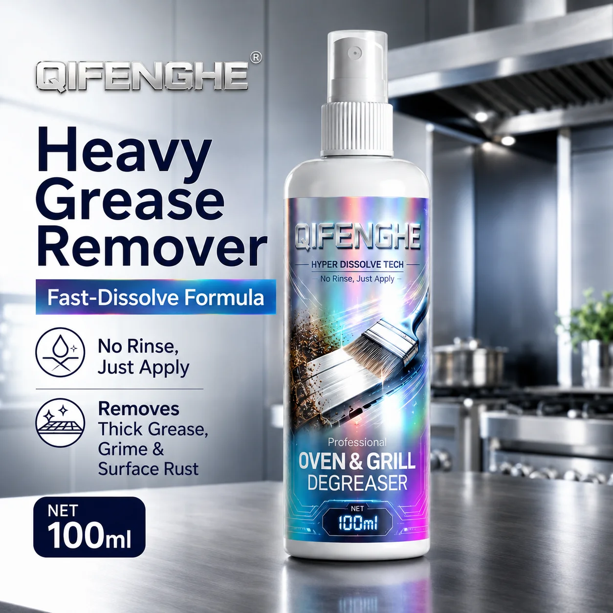 Heavy Duty Oven & Grill Degreaser, 100ml Kitchen Metal Cleaner & Rust Remover, Fast-Acting Grease Stain Remover No Rinse